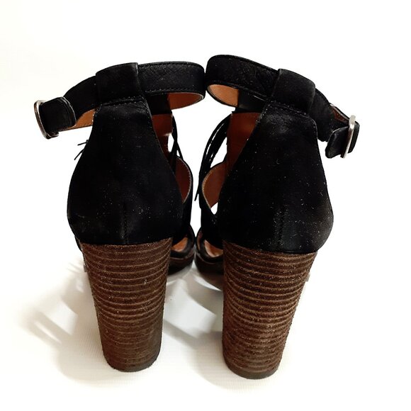 LUCKY BRAND Leesha Fringe T-strap Sandals with Block Heel in Black Suede Leather - Picture 7 of 13